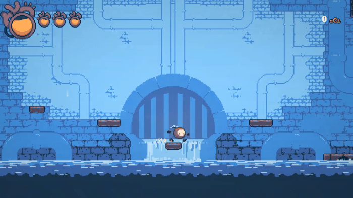 Robot jumping in a blue sewer environment