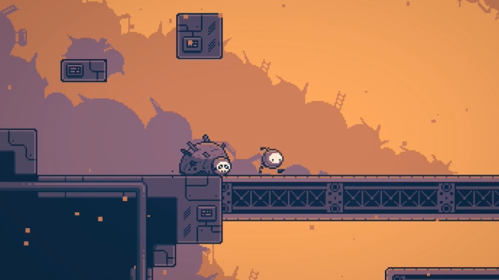Robot and creature on a platform