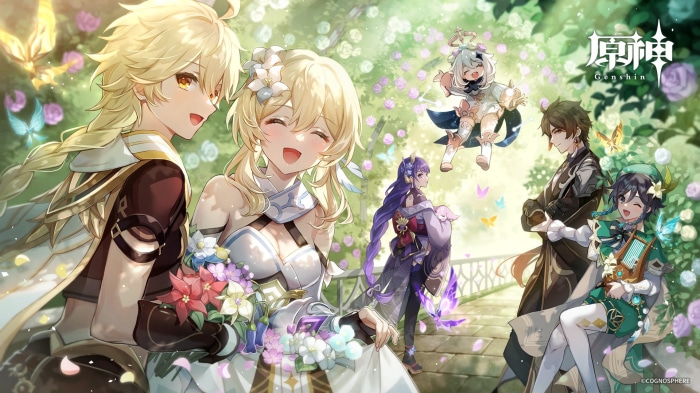Aether, Lumine, Venti, Paimon, Zhongli, and Raiden from Genshin Impact