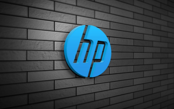 HP logo on a brick wall