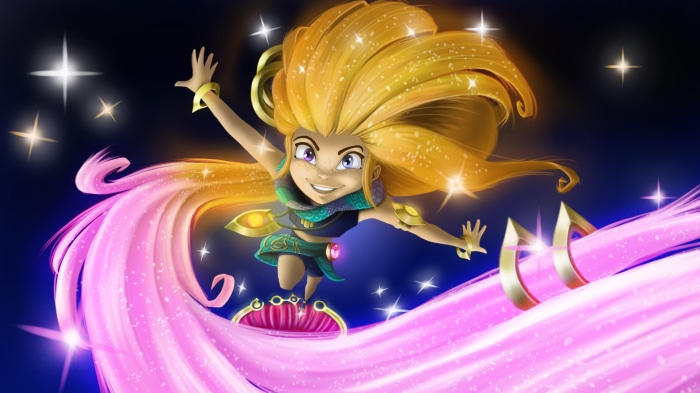 Zoe from League of Legends flying through space