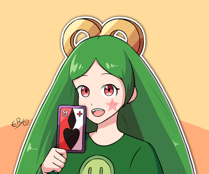 Girl with green hair holding a card