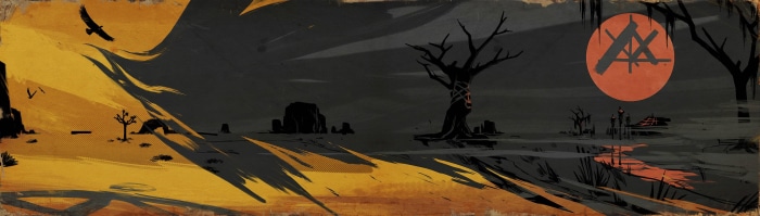 Weird West landscape with dead tree and sun symbol