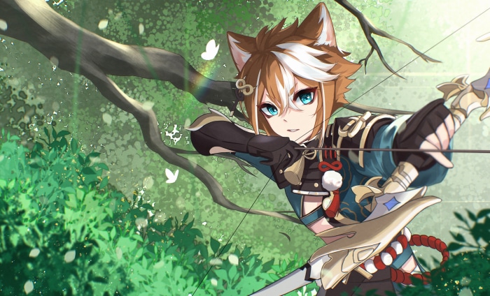 Gorou from Genshin Impact aiming a bow