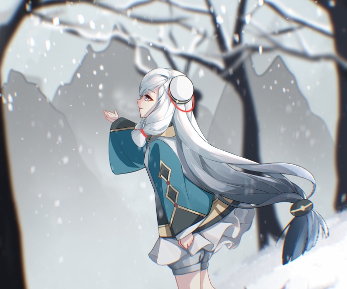 Shenhe from Genshin Impact in the snow