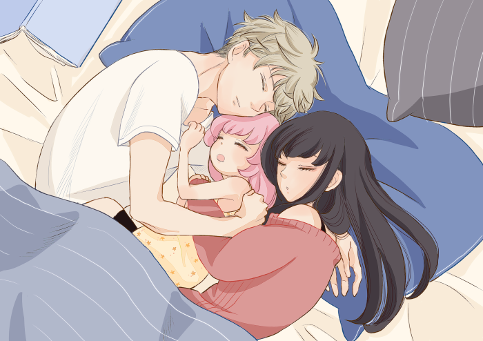 Anya, Loid, and Yor Forger sleeping