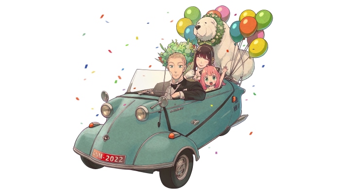 Spy X Family characters in a car with balloons