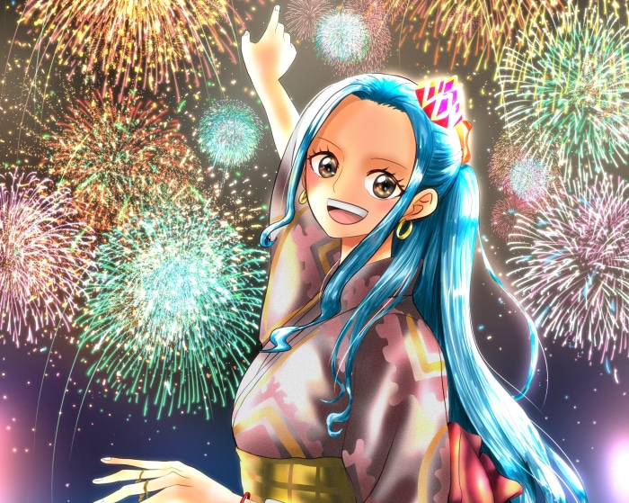 Nefertari Vivi from One Piece celebrating with fireworks