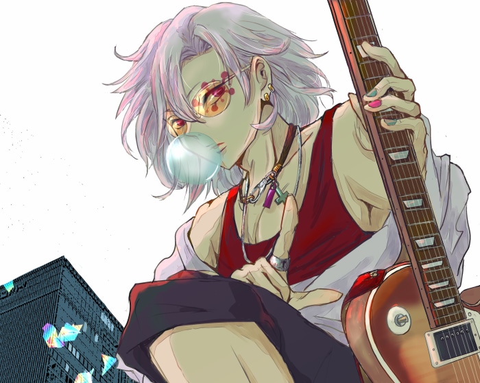 Anime character with guitar and bubble gum
