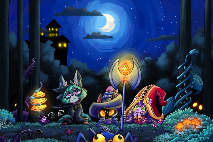 League of Legends characters in a spooky forest at night