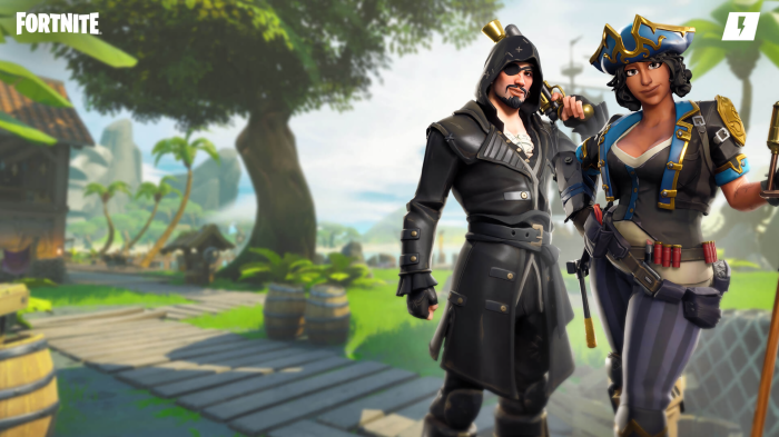 Fortnite: Captain Blakebeard and a female pirate in a tropical setting