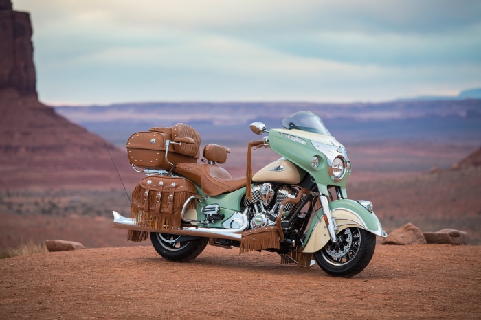 Indian motorcycle with leather bags in Monument Valley