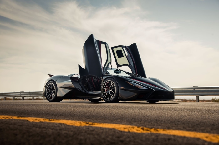 SSC Tuatara supercar with butterfly doors open