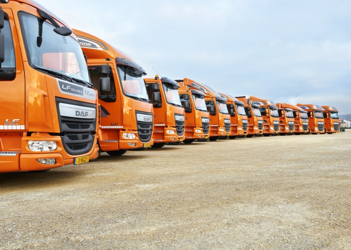 Orange DAF LF trucks parked in a lot