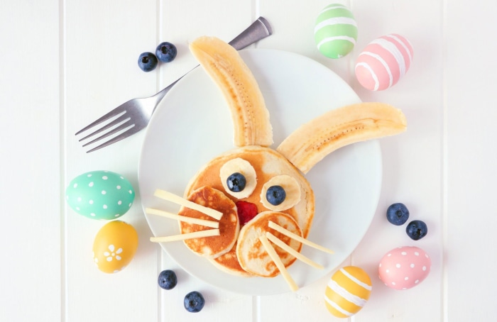 Easter Bunny Pancake with Fruit and Eggs