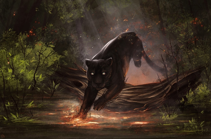 Black Panther in a burning forest 4K