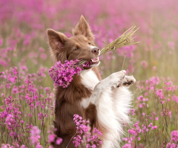 Brown and white Border Collie holding flowers in a field
