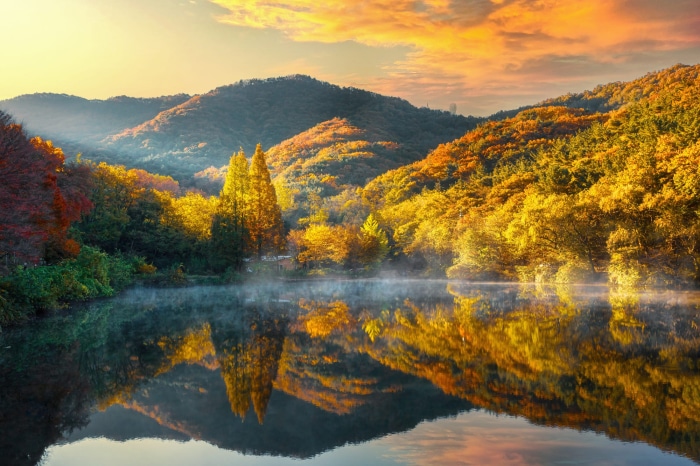 Autumn lake reflection with mountains and trees