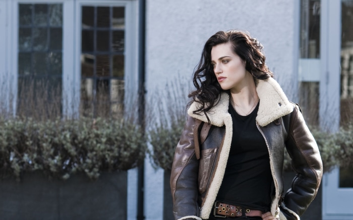 Katie McGrath in a bomber jacket