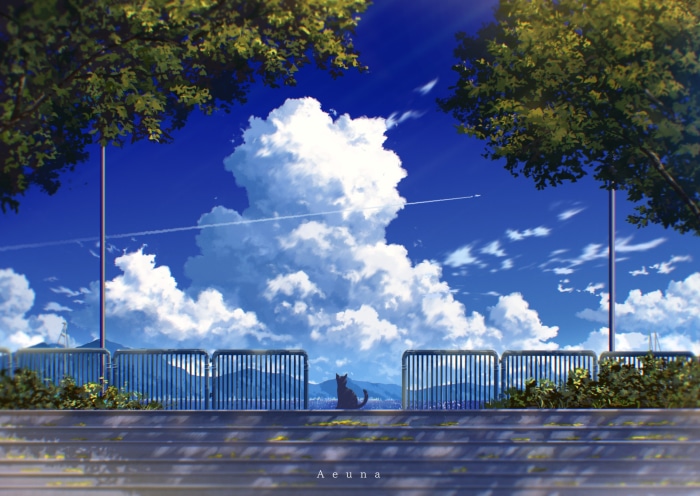 Cat sitting on stairs looking at clouds