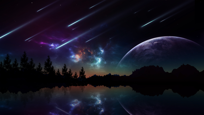 Meteor shower over a planet and forest reflection