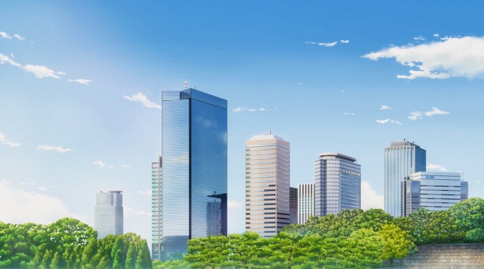 Cityscape with Skyscrapers and Green Trees