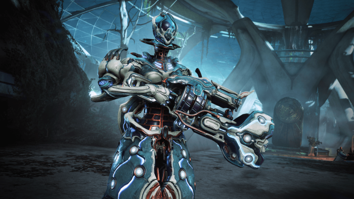 Warframe character holding a large weapon
