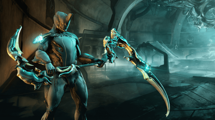 Warframe character with glowing scythe weapon