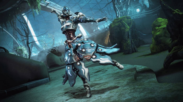 Warframe character in a futuristic overgrown environment