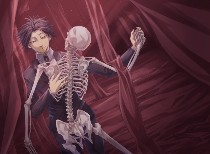 Feitan Portor from Hunter X Hunter dancing with a skeleton