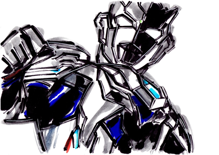 Two Ultraman characters in a close embrace