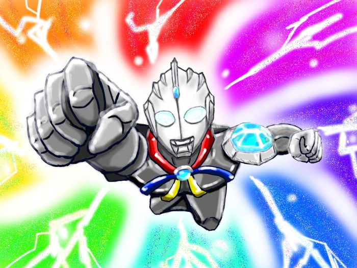 Ultraman flying with rainbow energy blasts