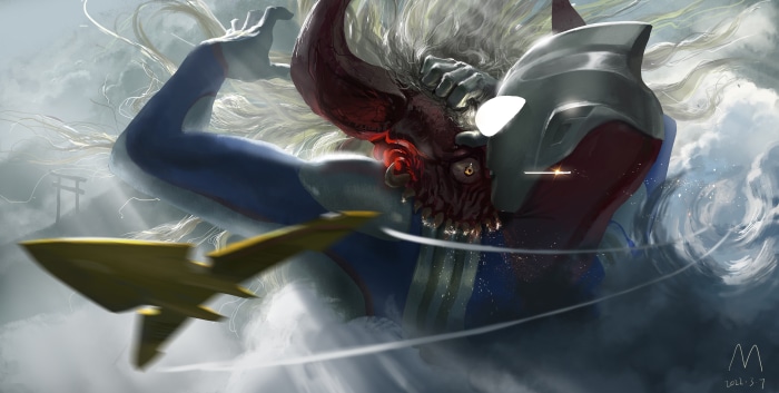 Ultraman fighting a demon in the clouds
