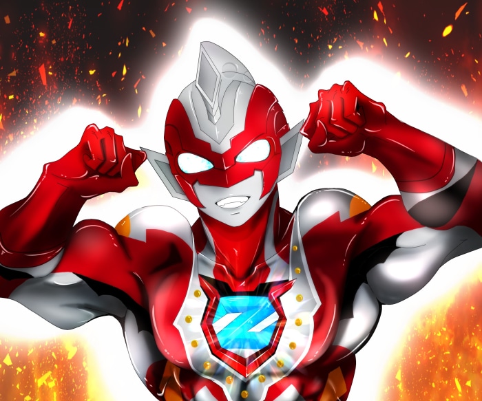 Ultraman Z flexing with fire background