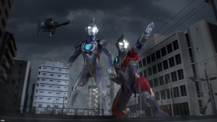 Ultraman characters in a city with a helicopter