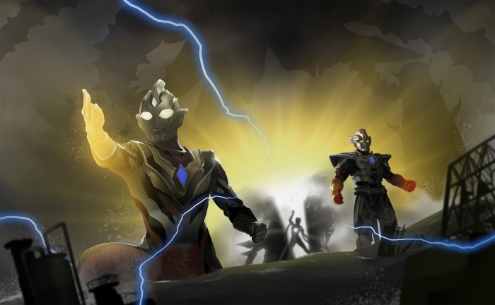 Ultraman characters in a stormy battle with lightning