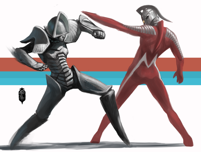 Ultraman fighting a metallic alien