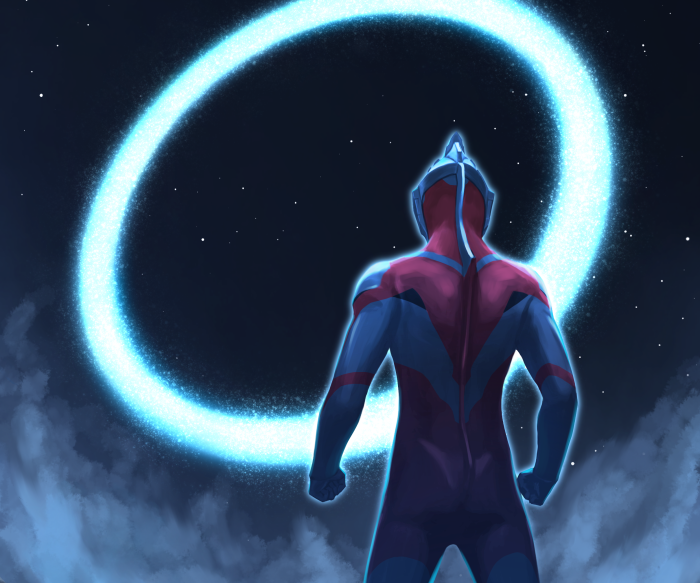 Ultraman in front of a glowing ring