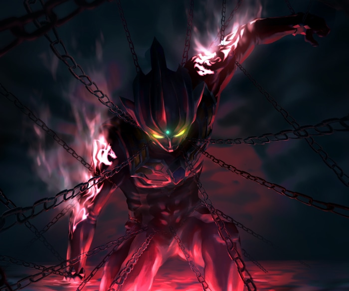 Ultraman in chains with red energy