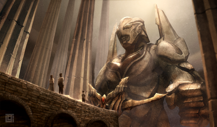 Giant Ultraman statue in ancient ruins