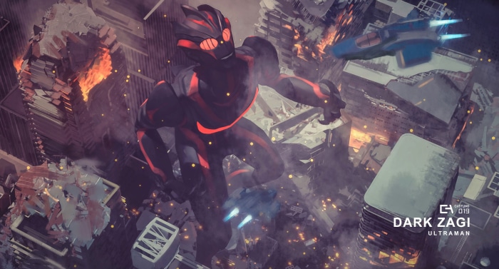 Dark Zagi from Ultraman in a destroyed city