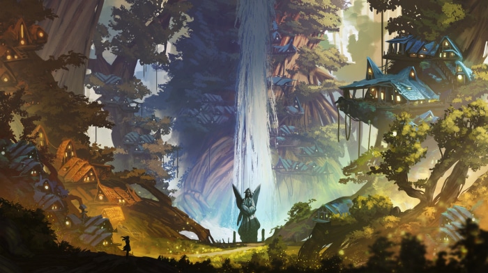 Fantasy Treehouse Village with Waterfall and Statue