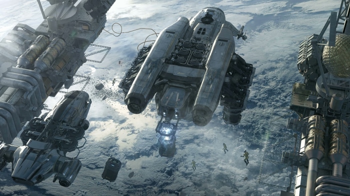 Spaceship and astronauts near Earth in The Expanse