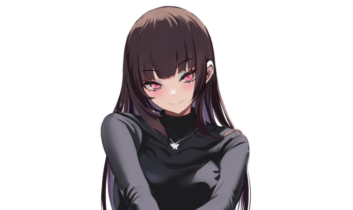 Anime girl with dark hair and pink eyes