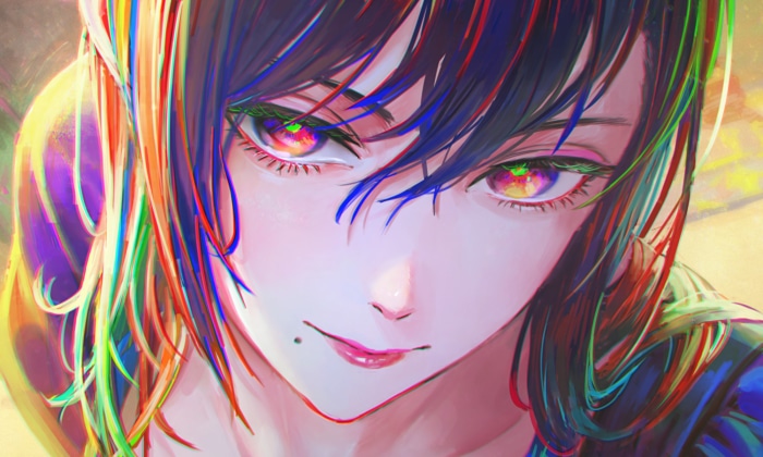 Anime girl with colorful hair and eyes