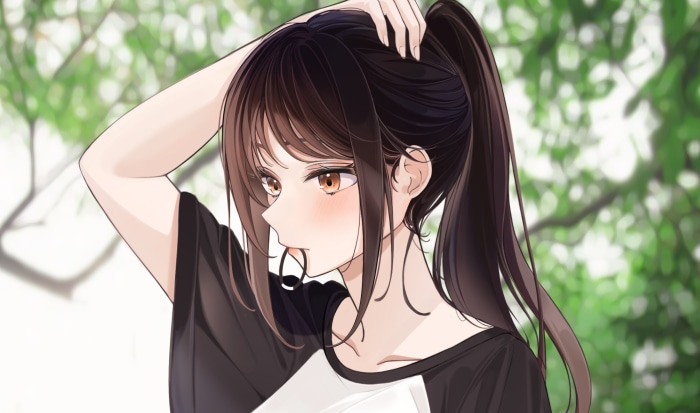 Girl with dark hair in a ponytail