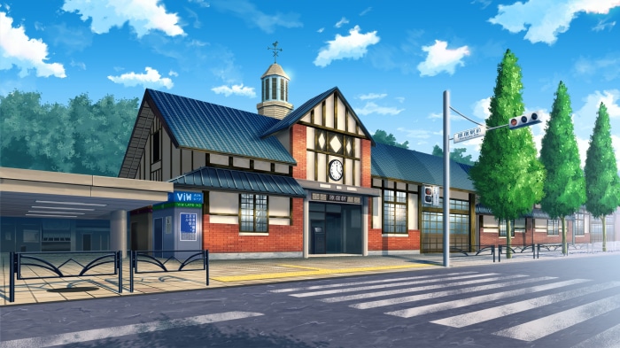 Anime train station exterior with trees and sky