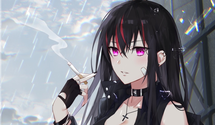 Anime girl smoking in the rain