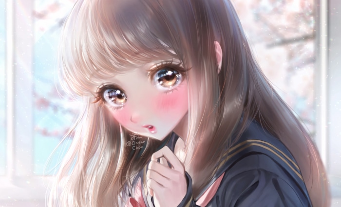 Anime girl with large eyes and pink blush