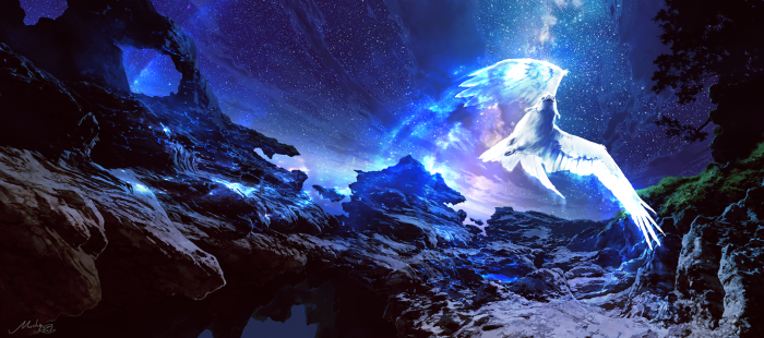 Fantasy Bird Flying in Starry Night Sky